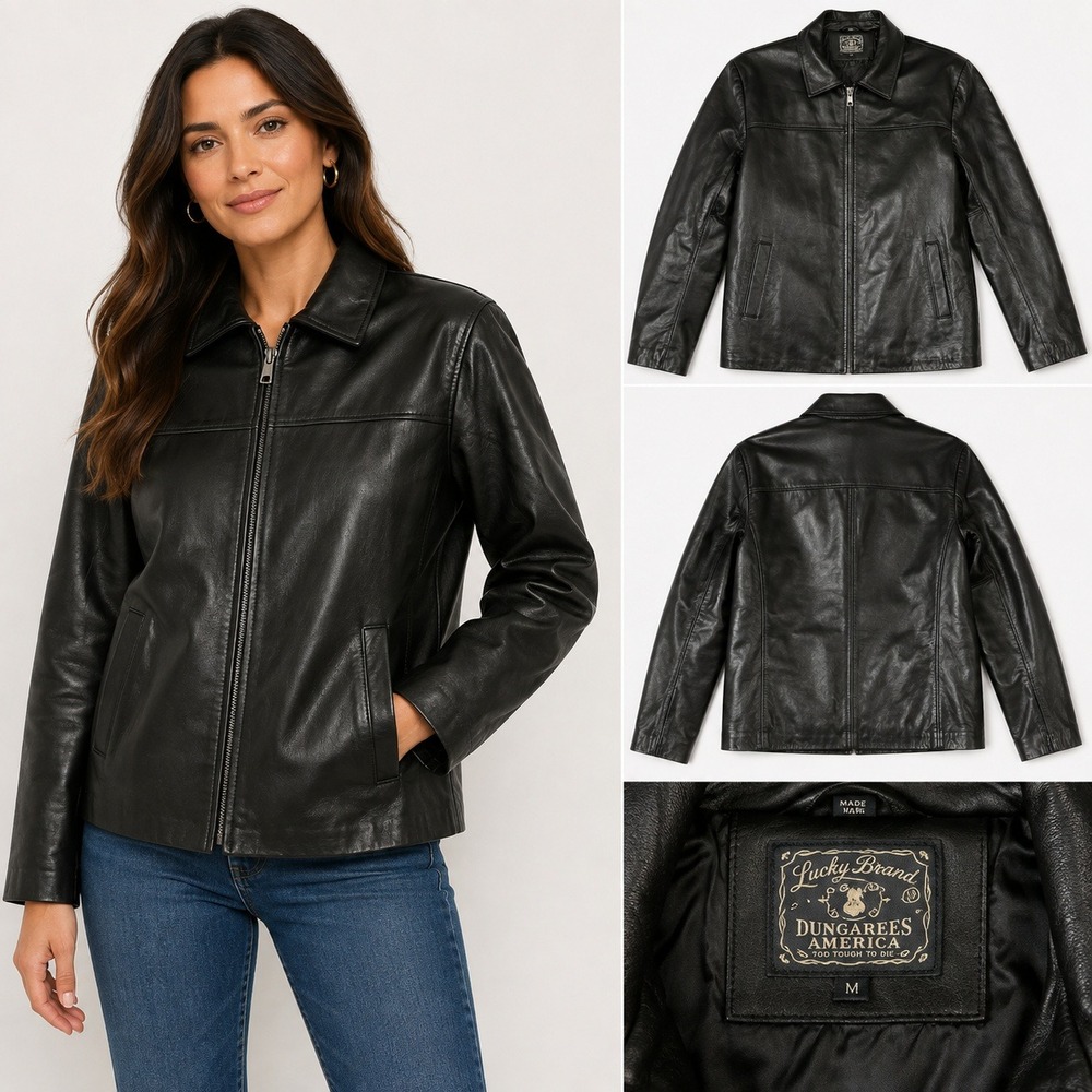 Lucky Brand Women's Medium Black Genuine Leather Jacket Zip Front Classic